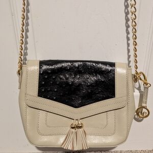 Audrey Brooke Ostrich Leather Navy and Cream Shoulder Bag